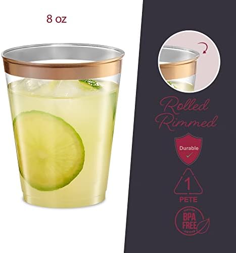 PLASTICPRO Disposable 8 oz Crystal Clear Plastic Tumblers With Rose Gold Rim for Party's & Weddings pack of 50