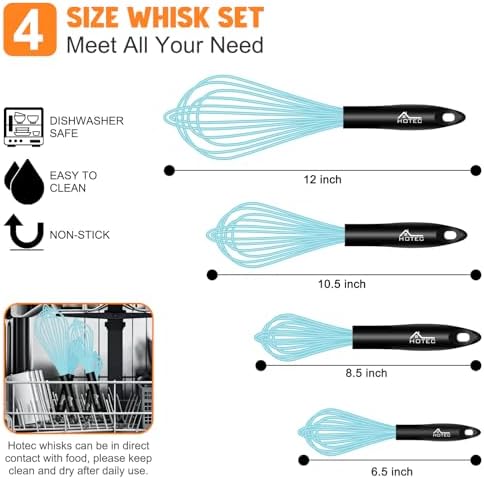 HOTEC 4 Pieces Silicone Whisks Set, Wire Balloon Whisks for cooking Egg Beater, Non-slip Handle Whisk for Non-stick Cookware Perfect for Cooking, Stirring, Beating and Blending,Blue