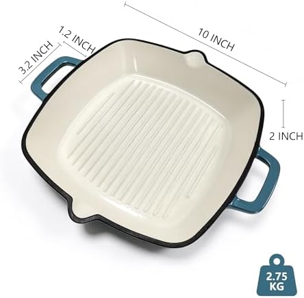Enameled Cast Iron Square Grill Pan (Peacock Blue, 10 inch)