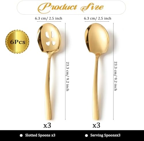 6 Pcs Serving Spoons Set, 9.2 Inch Gold Slotted Spoons