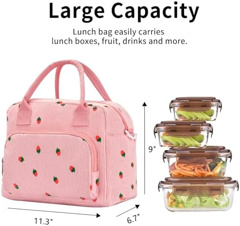 Lunch Bag Women Lunch Box for Women Adult Cute Insulated Lunch Bag Lager Cooler Lunch Tote Bags for Work Picnic (Pink-Strawberry)