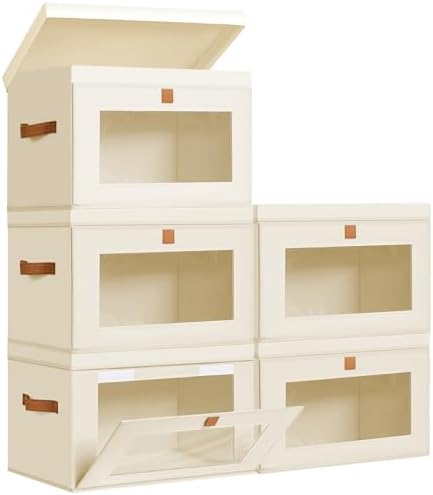 DIMJ Storage Bins with Lids - 5 Pack Fabric Closet Organizer with Window & Handles, Collapsible Decorative Storage Boxes for Shelves Under Bed, Books Clothes Blankets Sweaters Organization