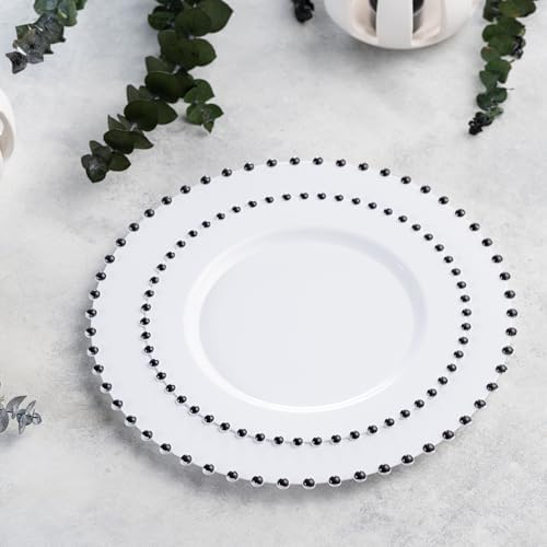 PLASTICPRO 64 Piece Combo Plastic Dinner Plates Disposable Plastic Fancy Heavy Duty Party Dishes 7 inch and 10 inch, White and Black Beaded