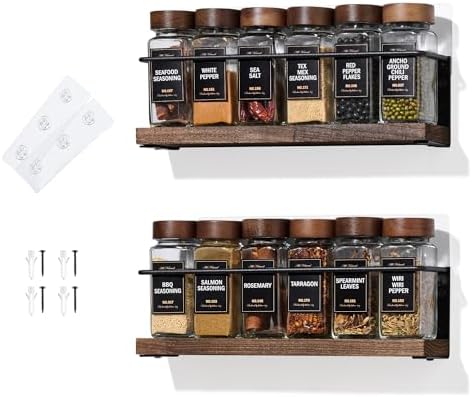 2-Tier Wall Mount Spice Rack Organizer - Screw/Adhesive Mount, Black Metal & Wood Spice Storage for Kitchen Pantry Cabinet, 11.6”L x 2.4”W x 3.2”H,Spice Jars Not Included