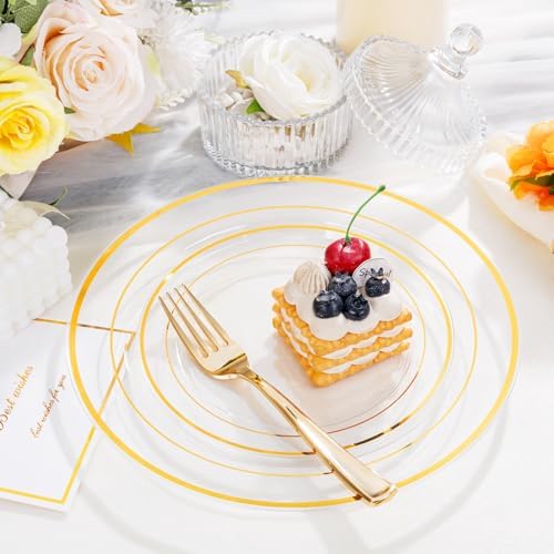 I00000 102 Pcs Clear Gold Plastic Plates, Premium Disposable Party Plates