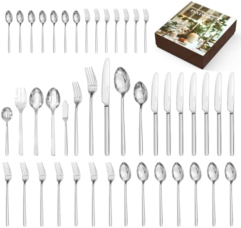 KINGSTONE 45-Piece Silverware Set with Serving utensils, Flatware Set for 8, 18/10 Stainless Steel Tableware Cutlery Set for Home Restaurant, Mirror Finish,Modern Design