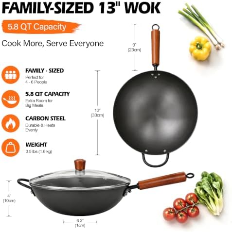 13" Carbon Steel Wok Pan & Glass Lid,Pre-Seasoned Flat Bottom Nitrided Wok