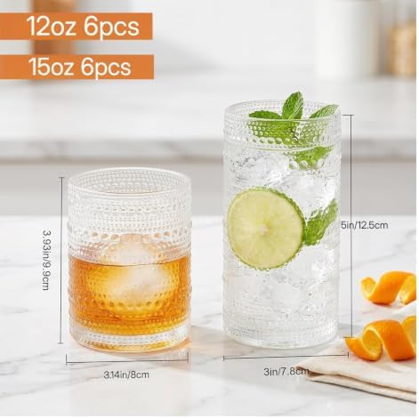 HomeVogue Hobnail Drinking Glasses Set of 12, 12oz & 15oz Vintage Glassware Set Cocktail Glass Set, Embossed Clear Water Tumbler,for Beer, Whiskey,Juice and Various Mixed Drinks (12 Pack-Clear)