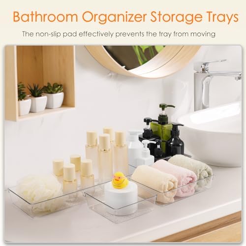 Criusia Drawer Organizer, 10 Pack Large Clear Plastic Set, 3 Size Versatile Bathroom and Vanity Organizer Trays, Storage Bins for Makeup, Bedroom, Kitchen Utensils