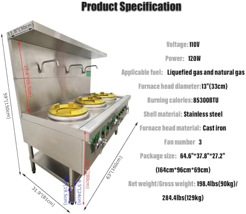 Commercial Gas Ranges Wok, Gas Stove for Liquefied Gas and Natural Gas, 3 Burners Cooktop, 13" Furnace Head 85300BTU, 59" Tall, High Temperature Stove 110V