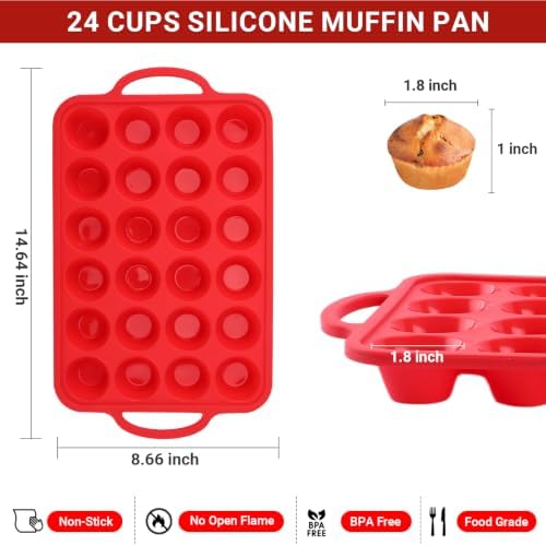Redfly Silicone Mini Muffin Pans for Baking 24 Cup with Steel Frame Non-Stick,2Pack Small Cupcake Pan, Food Grade, Easy Release,Dishwasher Oven Freezer Microwave Safe for Muffin Tin Cake Pop Molds