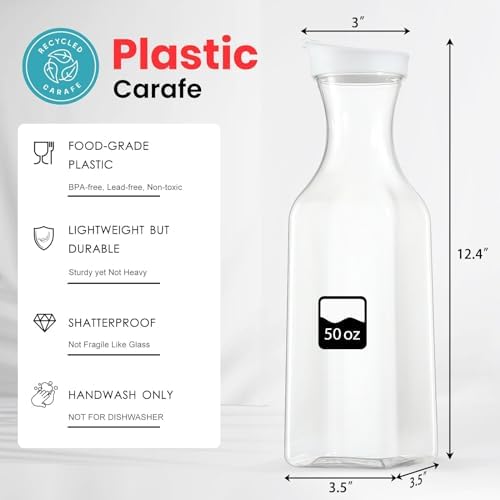 Plastic 4 Pack Large 50 Oz Water Carafe with Flip Top Lid, Square Base Juice Containers, Clear Plastic Pitcher - for Water, Iced Tea, Juice, Lemonade, Milk, Cold Brew and Mimosa Bar - HAND WASH ONLY