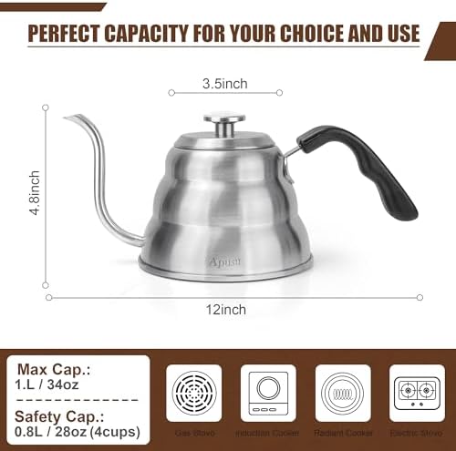 Tea Kettle For Stovetop,Pour Over Tea Coffee Kettle,Thermometer,Silver,28oz