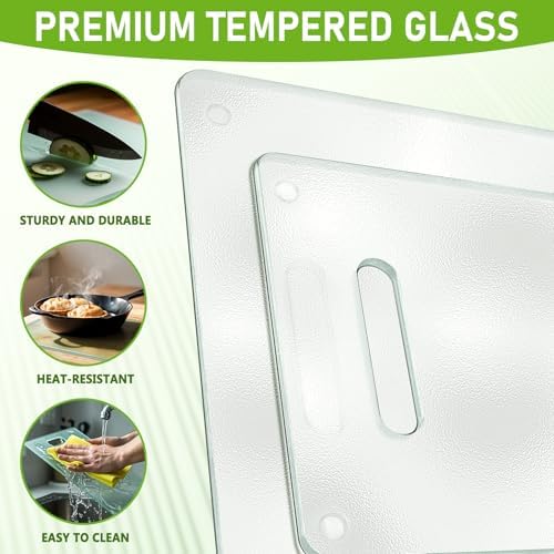 Tempered Glass Cutting Board for Kitchen, 2PCS Clear Chopping Board with Handle (16"x12" & 12"x8"), Plastic Free, Scratch Resistant, Heat Resistant, Dishwasher Safe, Non-toxic, Easy to Clean
