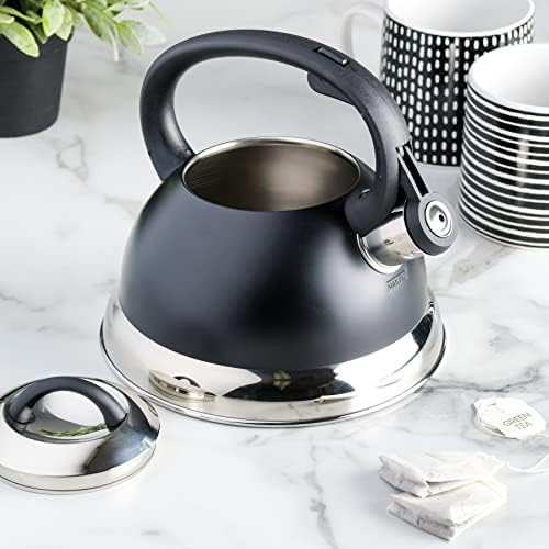 Mr. Coffee Flintshire 1.75-Quart Stainless Steel Whistling Tea Kettle with Nylon Handle – Matte Black Stove-Top Kettle for Boiling Water