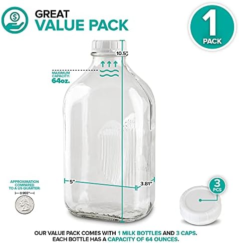 Stock Your Home Half Gallon Glass Bottle with Lid (1 Pack) 64 Oz Jugs and 3 White Caps, Reusable Food Grade Container for Refrigerator, Bottles for Juice, Oat or Plant Milks, Water, Honey