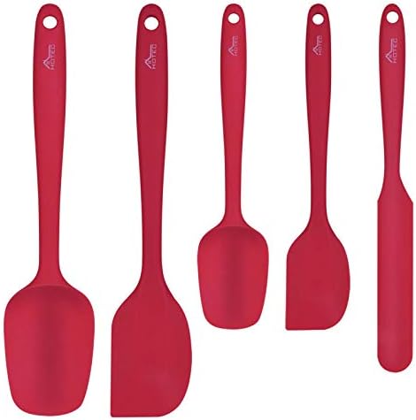 HOTEC Heat Resistant 600℉ BPA-Free Silicone Rubber Spatula Set, Kithchen Cooking Spatulas, Baking, Mixing, for Non Stick Cookware, Dishwasher Safe, Red Set of 5