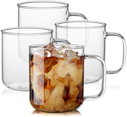 Glass Coffee Mugs, 14 oz Ice Coffee Cups Set of 4, Large Clear Tea Cups, Glass Mugs with Handles for Hot Beverages, Glass Cups for Latte, Cappuccino, and Tea