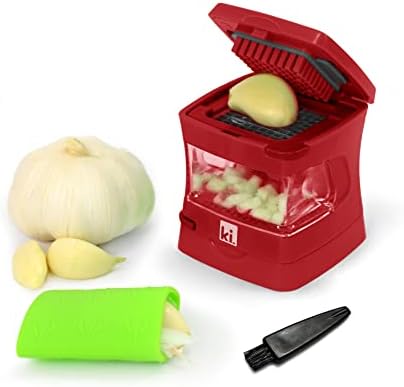 Garlic-A-Peel Garlic Press, Crusher, Cutter, Mincer, and Storage Container - Includes Silicone Garlic Peeler - Easy to Clean - Stainless Steel Blades – (Red), standard