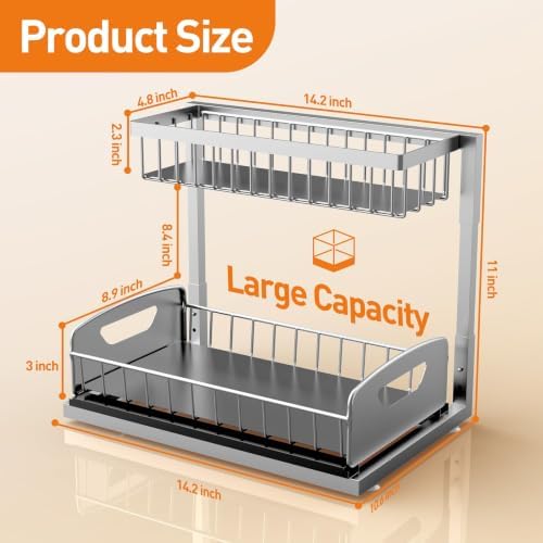 Under Kitchen Sink Organizer, Metal Pull Out Bathroom Organizers and Storage, 2-Tier Cabinet Organizer Shelf with Sliding Drawer, Home Organization for Kitchen, Laundry, Pantry, Light Grey, 2 pack