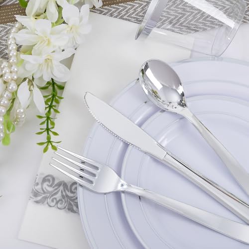 WELLIFE 700 Pieces Silver Plastic Dinnerware Set for 100 Guests - Includes Plates, Cups, Napkins, and Disposable Cutlery - Elegant White & Silver Design, Perfect for Parties and Events
