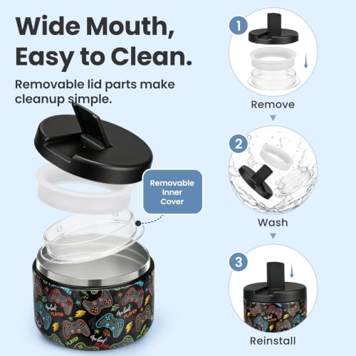 Pawtong 12oz Insulated Vacuum Food Jar with Buckle Lid Wide Mouth Soup Thermo for Hot Food Kids Leakproof Stainless Steel Lunch Container (Black-Game)