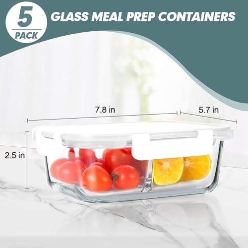 KOMUEE 30 oz 5 Pack Glass Meal Prep Containers 2 Compartments, White