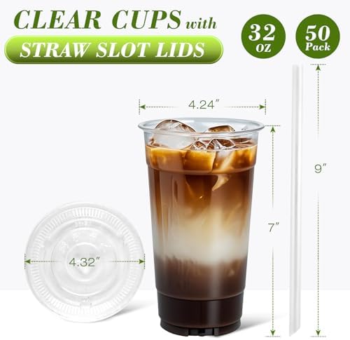 Ginkgo 32 oz Clear Plastic Cups with Lids and Jumbo Straws
