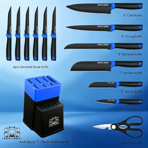 14 Pcs Kitchen Knife Block Set with Sharpener German High Carbon Stainless Steel Chef Knives, Razor-Sharp & Durable, Lightweight Anti-Slip Handle, Professional Set for Home & Kitchen (Blue)