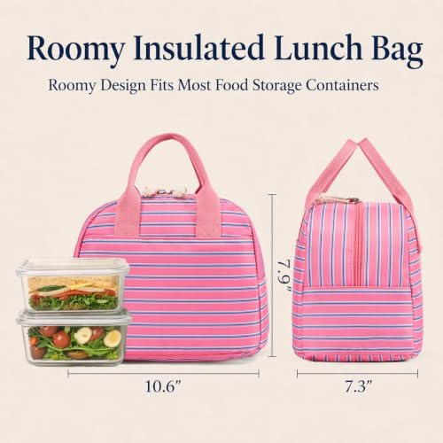 LOVELYWIND Lunch Box for Women, Insulated Lunch Bag, Pink Striped Tote