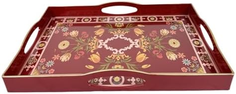 Boho Red Decorative Tray, Serving Tray with 4 Handles, Plastic Tray for Coffee Table, Ottoman - Ideal for Living Room & Bathroom. 15” x 11” x 1.9”