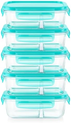 Pyrex Glass Meal Box (5-Pack, 2.3 Cup) Divided Compartments, Locking Lids