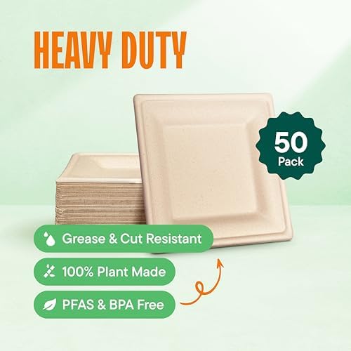 100% Compostable Square Paper Plates - 6 Inch [50-Pack] Heavy Duty