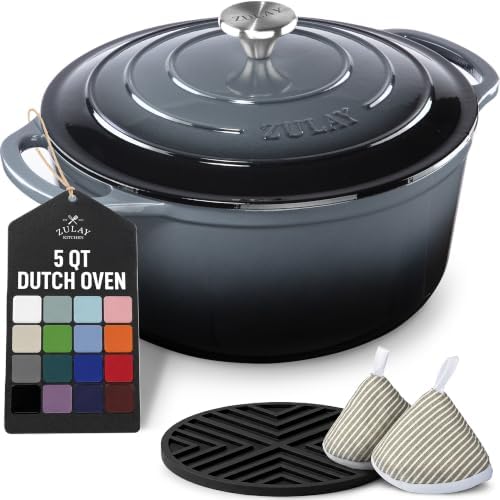 Zulay Kitchen 5 Quart Enameled Cast Iron Dutch Oven Pot with Lid – Premium Durability & Oven Safe up to 500°F – Heavy Duty Cookware Perfect for Bread Baking, Stews, Braising & Roasting – Gray