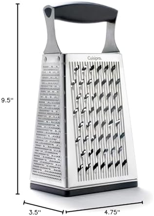 Cuisipro Stainless Steel Cheese Grater with Handle, 4 Sided Box Grater for Kitchen, Ginger Grater Dishwasher Safe, Fruit and Vegetables Slicer, Cheese Shredder for Potato, Chocolate, Parmesan, Ginger