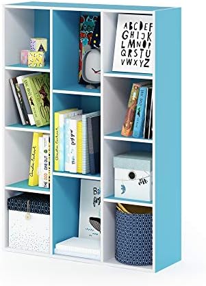 Furinno LUDER Book Shelf, 11-Cube Bookshelf, Reversible Bookcase, 9.4 x 29.1 x 41.7, Easy Assembly, for Living Room, Bedroom, Home Office, White/Light Blue