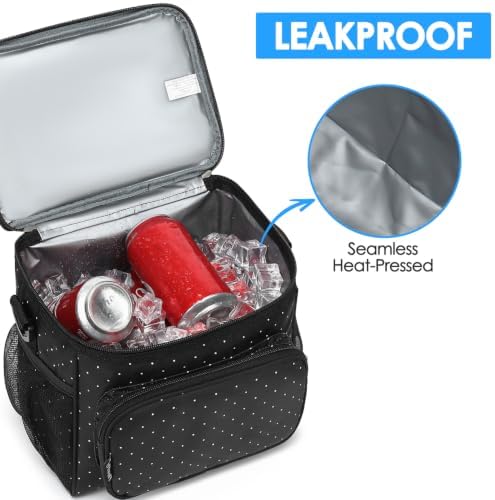 FlowFly Insulated Reusable Lunch Bag Adult Large Lunch Box for Women and Men with Adjustable Shoulder Strap,Front Zipper Pocket and Dual Large Mesh Side Pockets,Dot
