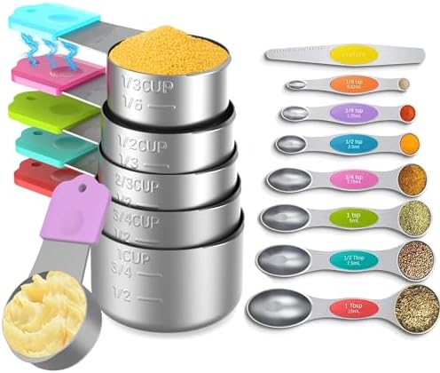 Stainless Steel Magnetic Measuring Cups and Spoons Set, 6 Nesting Magnetic Measuring Cup, 7 Magnetic Measuring Spoons, 1 Leveler for Liquid & Dry