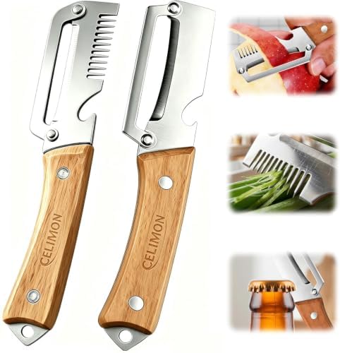 2Pcs multifunctional vegetable peeler, 2026 Upgrade peeler shredder,2.5mm stainless steel peeler With Scallion Shredder and Bottle Opener for Kitchen, Camping and Travel