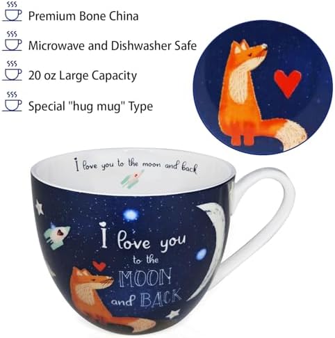 I Love You to the Moon and Back Mug, Premium 20 oz Bone China Coffee Mug, Romantic Gift for Her or Him, Valentine's Day, Anniversary, Birthday, Designed in England by Harvest Green Studio