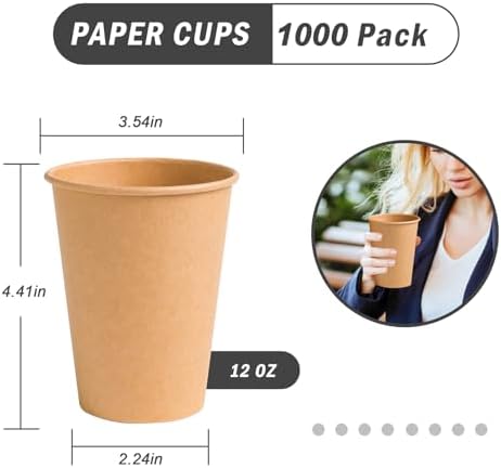 Lamosi 1000 Count 12 oz Paper Cups, Disposable Kraft Paper Coffee Cups