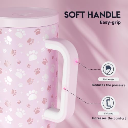 Meoky Glow in the Dark Tumbler: 40 oz Tumbler with Handle and Straw- Stainless Steel Insulated Tumbler for Car Cup Holders - Travelers Commuters Workers (1 Pack, Paw)