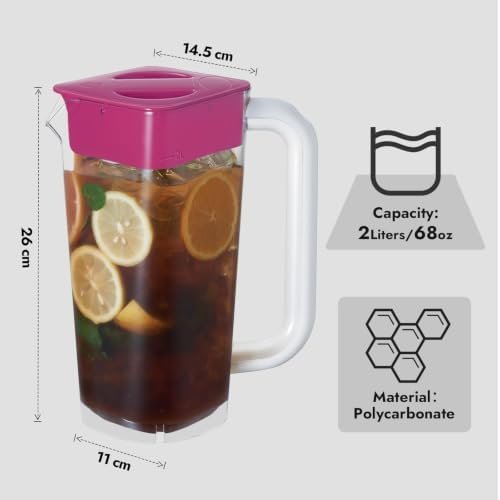 CURTA 1 Pack 2 Liters/68 oz Plastic Pitcher with Lid & Handle for Kitchen,ICED JUICE and Coffee Carafe Beverage Serveware, Acrylic Water Jug for Hot/Cold Drinks&lemonade