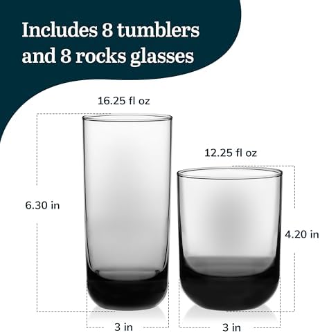 Libbey Polaris Tumbler and Rocks Glass Cups Set, Smoke Hue Mixed Drink Glasses with Straight Lines, Lead-Free, Drinkware Set of 16 for all Beverages