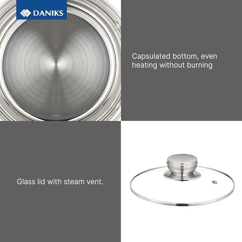Daniks Standard 6-Piece Stainless Steel Cookware set with Glass Lid, Try-Ply Bases for Even Heating, Induction Compatible, Dishwasher Safe, Built-In Measuring Scale, Silver