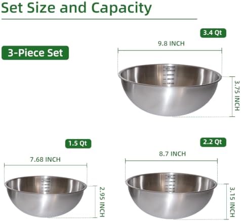 Stainless Steel Mixing Bowls Set, 3-Piece, Thicker-Gauge, Stackable