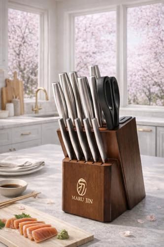 15-Piece Kitchen Knife Block Set, High-Carbon Stainless Steel Knives, Self-Sharpening Wooden Block, Premium Cutlery Set with Ergonomic Handle (Wooden, 15-pcs)