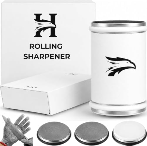 High Carbon Stainless Steel Rolling Knife Sharpener with 400, 1000 & 3000 Replacement Discs - Blunt Knife Sharpening Kit with 15 and 20 Degree Sharpening for Kitchen & Chef's Knives (White)