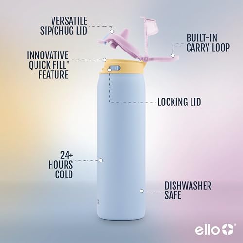 Ello Pop & Fill Insulated Stainless Steel Water Bottle with Quick Fill Lid, Leakproof Locking, Sip or Chug Spout, BPA-Free, Double Wall Vacuum Insulated for Sports, Travel & School- 22oz / 32oz / 40oz