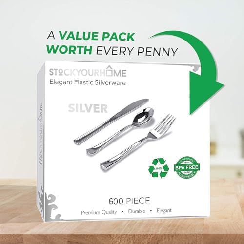 Silver Plastic Silverware Set (600-Pack) – Disposable Heavy Duty Cutlery, 200 Forks, 200 Knives, 200 Spoons for Parties, Weddings, Dinners & Holidays, Stock Your Home